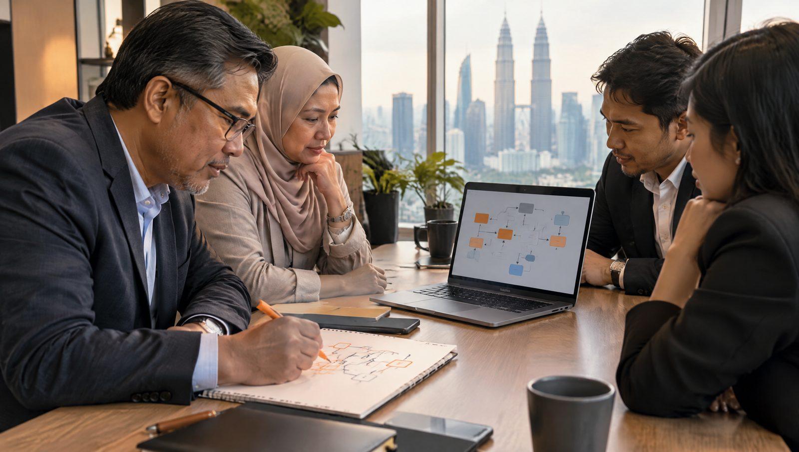 Two consultants working through a process flow with a client team at a desk